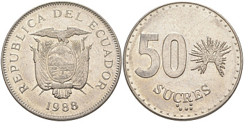 Эквадор 50 сукре 1988 KM 93 сталь плакированная никелем 3855-1145