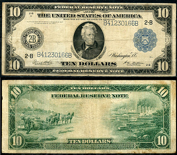 США 10 долларов 1914 Нью-Йорк (2-В), Эндрю Джексон - 7-й президент США, голубая серия, подпись White, Mellon Pick 360 b B(4-1)  бумага   451-644-1-1
