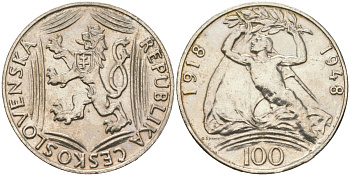 Чехословакия 100 крон 1948 30 лет Независимости KM 27 серебро 4111-1125