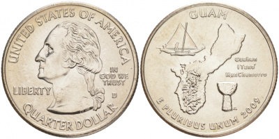США 25 центов = квотер 2009 D, серия штаты США, Гуам KM 447 медь плакированная медно-никелем UNC M32-21