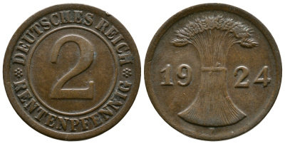 ГЕРМАНИЯ 2 РЕНТЕНПФЕННИГА 1924 F KM 31, J.307 бронза 86-1422
