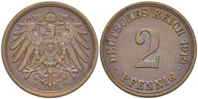 Германия 2 пфеннига 1912 A KM 16, J. 11, Weege 4 медь 206-624