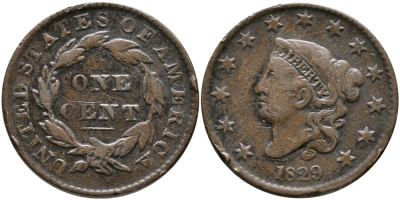 США 1 ЦЕНТ 1829 ЛИБЕРТИ, ДИАМЕТР 28,5 ММ., РОБЕРТ СКОТ медь 32-132