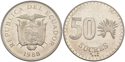 Эквадор 50 сукре 1988 KM 93 сталь плакированная никелем 3855-1145