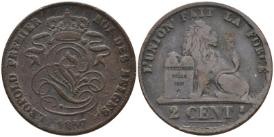 БЕЛЬГИЯ 2 САНТИМА 1857 BELGES KM 4.2 медь 4563-734
