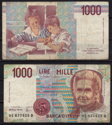 Италия 1000 лир 1990 Мария Монтессори, школа Монтессори Pick 114 c бумага 8518-17-1-2