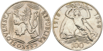 Чехословакия 100 крон 1948 30 лет Независимости KM 27 серебро 4111-1125