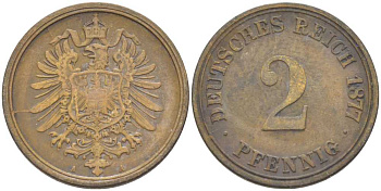 ГЕРМАНИЯ 2 ПФЕННИГА 1877 A, СТАРОГЕРБОВКА KM 2, J. 2, Weege 3 медь 212-717