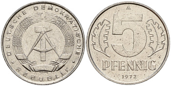 ГДР 5 пфеннигов 1972 A KM 9.1 алюминий 218-537