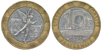 Франция 10 франков 1991 тип гений Бастилии KM 964.1, Le Frank 375.6 биметалл 45-836