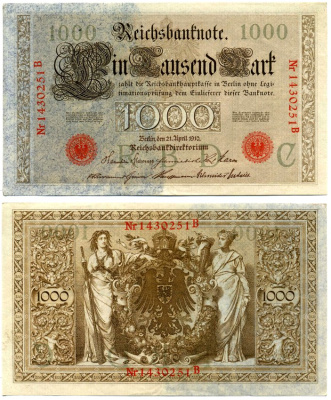 Германия 1000 марок 1910 21 апреля 1910, красная печать, номер семизначный, серия В, буква С, выпуск АПРЕЛЬ - АВГУСТ 1919 Pick 44, Роземберг 45b бумага VF 2194-20-2-1