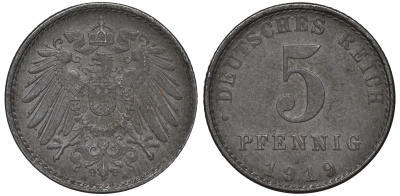 ГЕРМАНИЯ 5 ПФЕННИГОВ 1919 A KM 19, J. 297 железо 45-1162