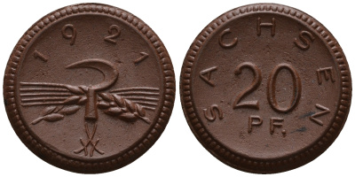 Саксония 20 пфеннигов 1921 колосья и серп J. N 53 фарфор UNC 1094-7-82