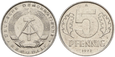 ГДР 5 пфеннигов 1972 A KM 9.1 алюминий 218-537