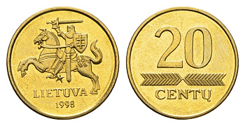 Литва 20 центов (сентов) 1998 KM 107 никель латунь UNC 4689-1135
