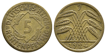 ГЕРМАНИЯ 5 РЕНТЕНПФЕННИГОВ 1924 J, KM 32, J. 308 алюминиевая бронза 4380-1019