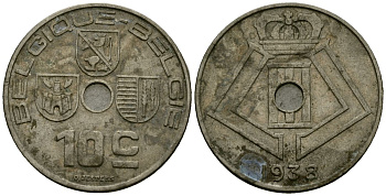 Бельгия 10 сантимов 1938 Belgique - Belgie KM 112 никель латунь 4121-411