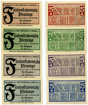 ВАЛЬДЕНБУРГ НАБОР ИЗ 4 БАНКНОТ ПО 25 ПФЕННИГОВ 1920 10 ОКТЯБРЯ 1920, НОТГЕЛЬД, ЗЕМЛЯ БАДЕН-ВЮРТЕМБЕРГ Grabowski 1371.9 бумага 2193-7-1-1