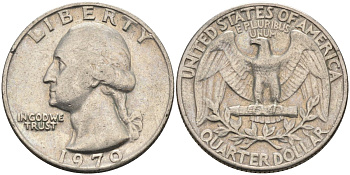 США 25 центов (квотер) 1970 Вашингтон KM 164a медь плакированная медно-никелем 4584-955
