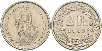 Швейцария 2 франка 1969 В KM 21а.1 медно-никель 4542-445