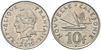 Французская Новая Каледония 10 франков 2010 рыбачья парусная лодка, (IEOM) KM 11a, Schoen 13a, Lec 99k медно-никель 3459-226