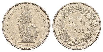 Швейцария 2 франка 1991 KM 21a медно-никель 4637-115
