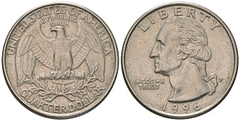 США 25 центов (квотер) 1996 P, Вашингтон KM А164а медь плакированная медно-никелем 4592-116