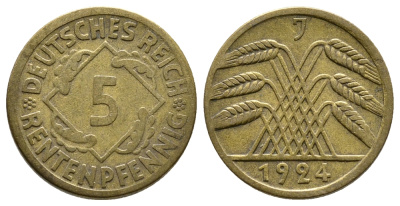 ГЕРМАНИЯ 5 РЕНТЕНПФЕННИГОВ 1924 J, KM 32, J. 308 алюминиевая бронза 4380-1019