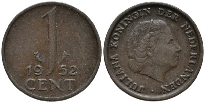 Нидерланды 1 цент 1952 Юлиана (1948-1980) КМ 180 бронза 112-724
