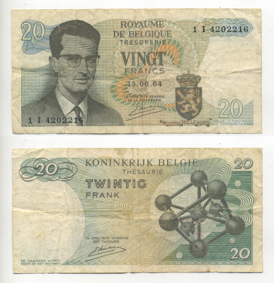 Бельгия 20 франков 1964 Бодуэн I, атомиум, Kestens Pick 138 (3) бумага 6280-14-4-1