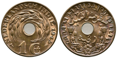 Нидерландская Восточная Индия 1 цент 1945 р, Вильгельмина (1890-1948) KM 317 бронза UNC 4610-1025