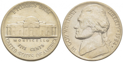 США 5 ЦЕНТОВ 1984 P, ДЖЕФФЕРСОН KM A192 медно-никель 214-712