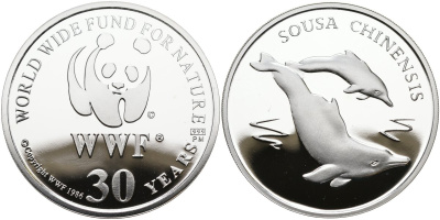 Швейцария медаль 1986 30 лет WWF, дельфин (sousa chinensis), диаметр 38,6 мм., вес 20 гр. серебро PROOF 00-00