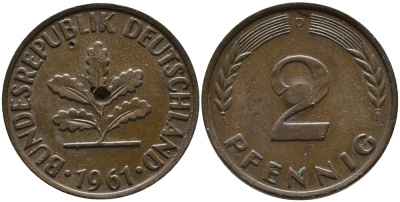 ФРГ 2 пфеннига 1961 D KM 106, J. 381 бронза 99-124