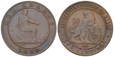Испания 2 сентимо 1870  KM 661 медь    4584-527