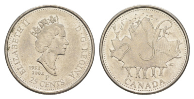 Канада 25 центов 2002 Золотой юбилей Елизаветы II KM 451 сталь плакированная никелем 4631-713