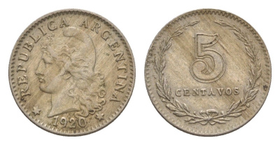 Аргентина 5 сентаво 1920 KM 34 медно-никель 4636-265