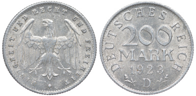 Германия 200 марок 1923 D KM 35, J. 304, Weege 22 алюминий 4604-617