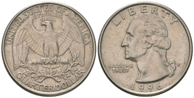 США 25 центов (квотер) 1996 P, Вашингтон KM А164а медь плакированная медно-никелем 4592-116