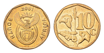ЮАР 10 центов 2001 герб, цветок алоэ KM 224 сталь плакированная бронзой UNC 4694-769