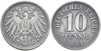 ГЕРМАНИЯ 10 ПФЕННИГОВ 1921 KM 26, J. 299 цинк 4401-213