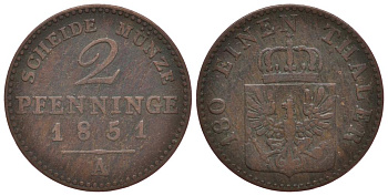 Пруссия 2 пфеннига 1851 А, Фридрих Вильгельм IV (1840-1861) KM 452, Jaeger 51, Olding 336, AKS 91 медь 186-617