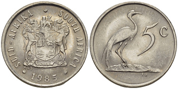 ЮАР 5 центов 1985 герб, райский журавль KM 84 никель 66-337