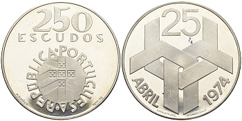 Португалия 250 эскудо 1976 Революция гвоздик 25 апреля 1974 года KM 604 серебро PROOF 11-146-45