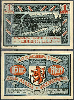 Германия, Эльберфельд 1 марка 1922 нотгельд, городские виды, голубая Mehl 324.1 бумага UNC (пресс) 00-00