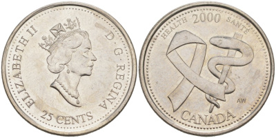Канада 25 центов 2000 миллениум, Елизавета II, ЗДОРОВЬЕ, третий портрет в короне KM 373 никель aUNC 63-213
