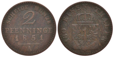 Пруссия 2 пфеннига 1851 А, Фридрих Вильгельм IV (1840-1861) KM 452, Jaeger 51, Olding 336, AKS 91 медь 186-617