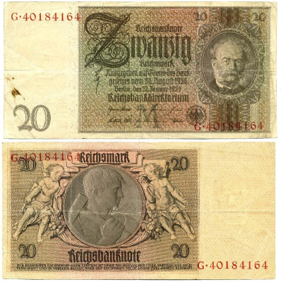 Германия 20 рейхсмарок 1929 Вернер фон Сименс, буква M, серия G Pick 181 a, Ros. 174 a  бумага   7203-4-3-2