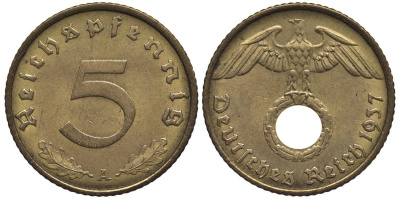 ГЕРМАНИЯ 5 РЕЙХСПФЕННИГОВ 1937 A KM 91, Jager 363 алюминиевая бронза 4547-639