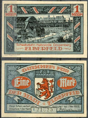 Германия, Эльберфельд 1 марка 1922 нотгельд, городские виды, голубая Mehl 324.1 бумага UNC (пресс) 00-00